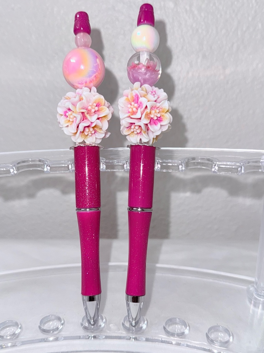 Set of 2 Handcrafted Beaded Pen with Pink Flowers, Black Ink